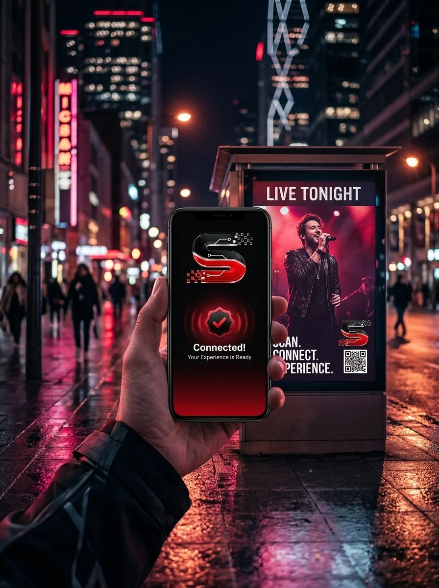 SYNC Connected Experience — smartphone connecting with live event poster